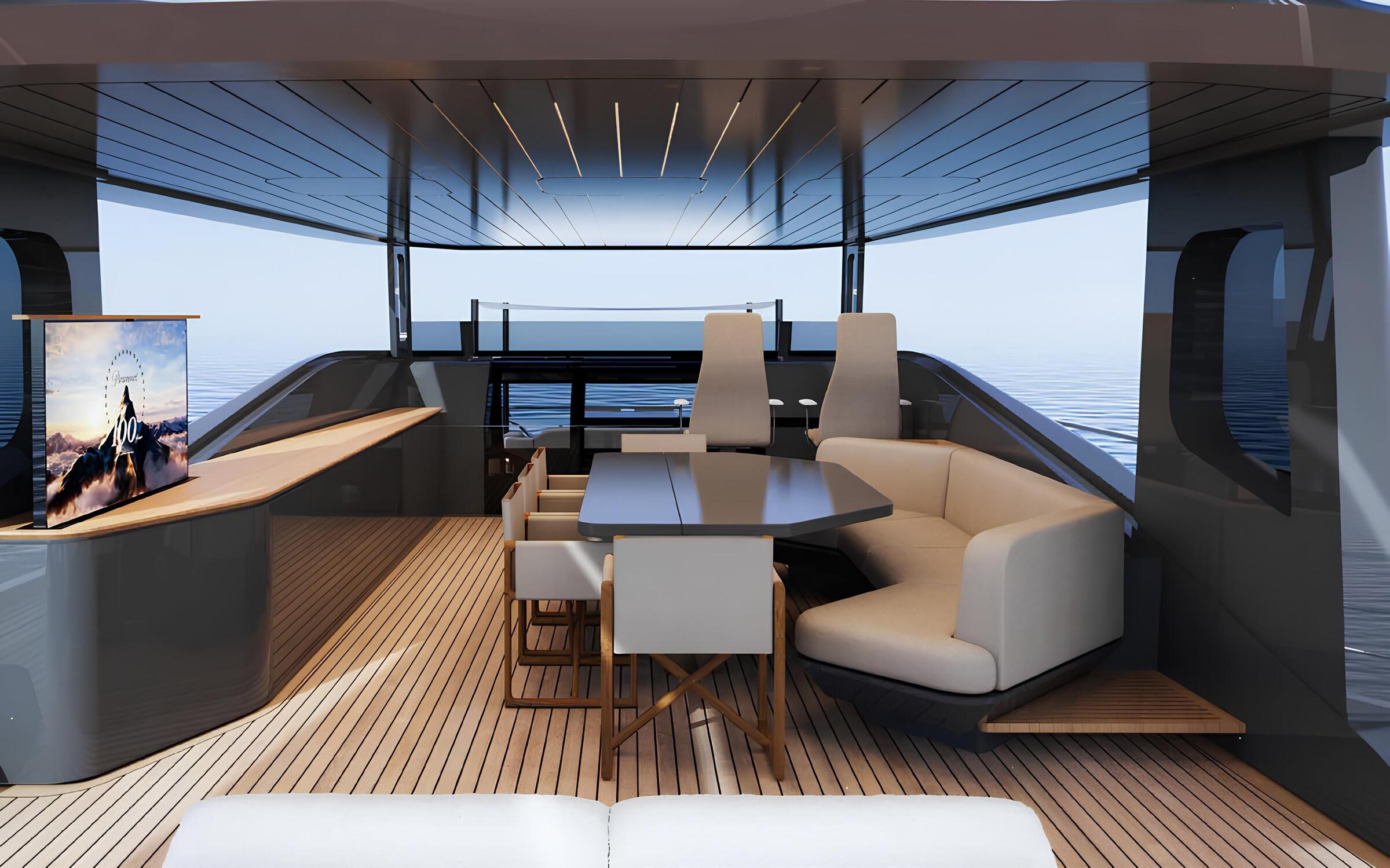 Обеденная зона на флайбридже/Flybridge dining area