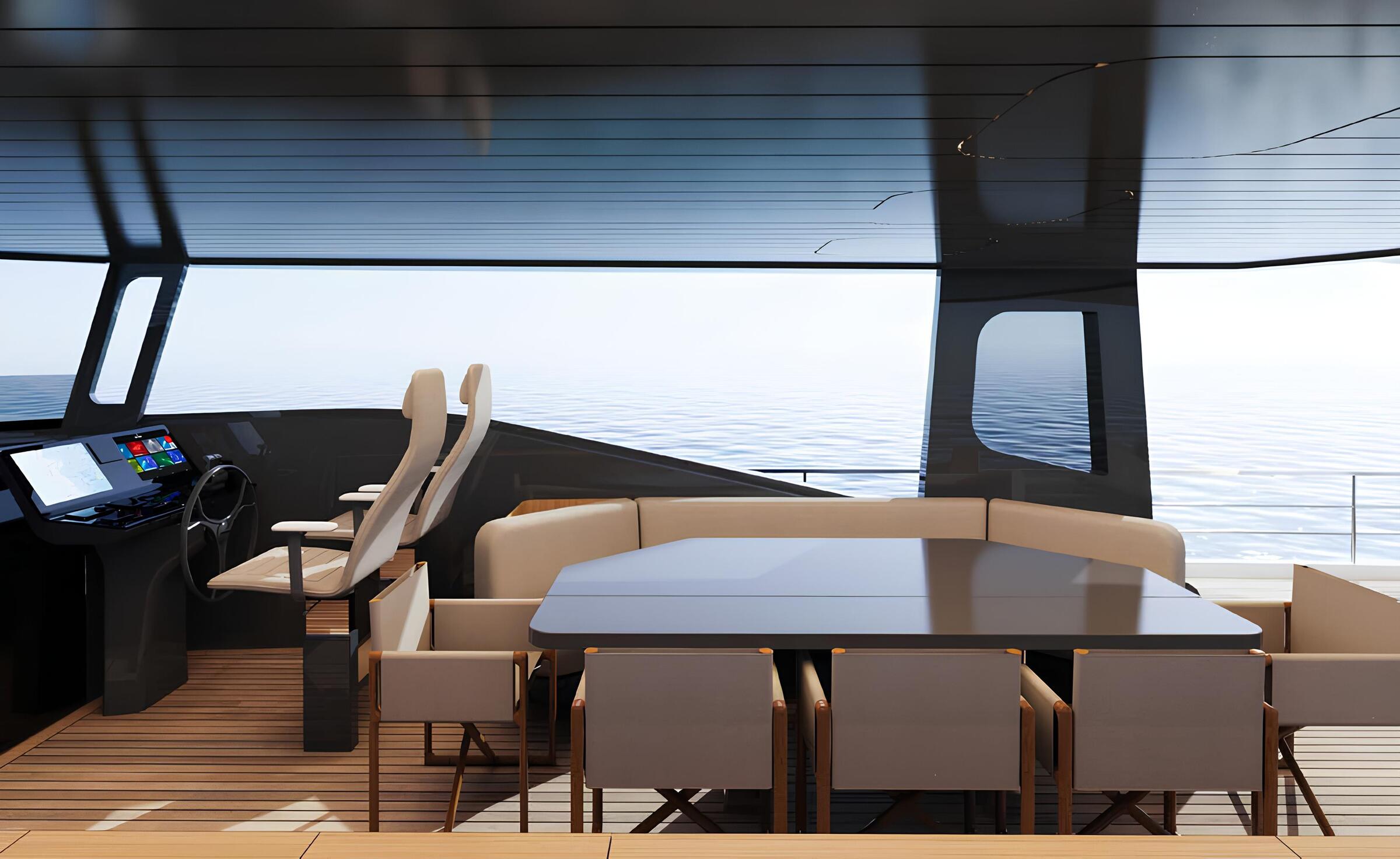 Обеденная зона на флайбридже/Flybridge dining area