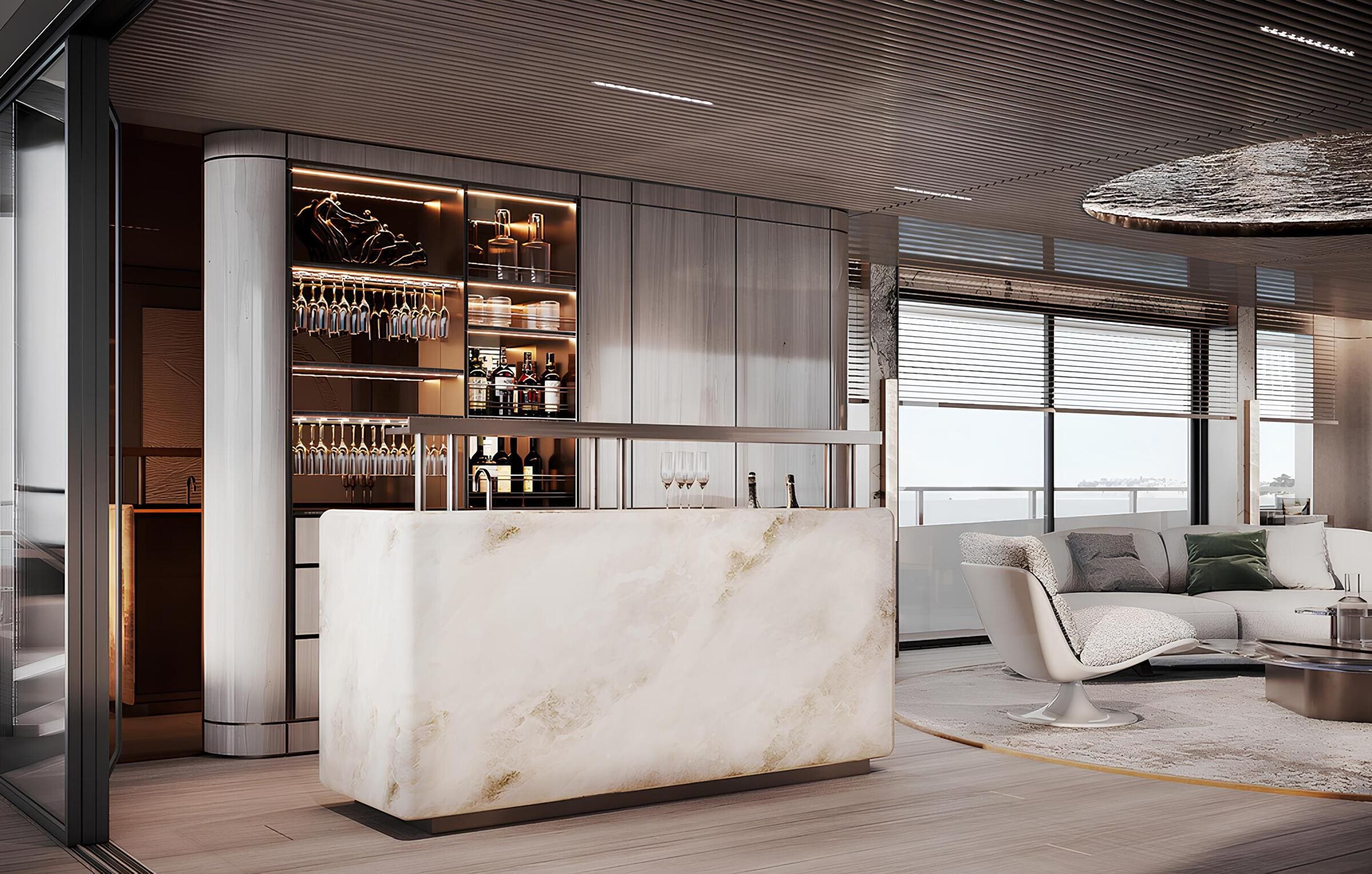 Зона отдыха в главном салоне/Main salon lounge area